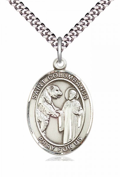 Men's Pewter Oval St. Columbanus Medal - 24&quot; 2.4mm Rhodium Plate Chain + Clasp