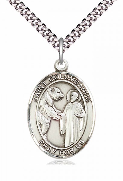 Men's Pewter Oval St. Columbanus Medal - 24&quot; 2.4mm Rhodium Plate Endless Chain