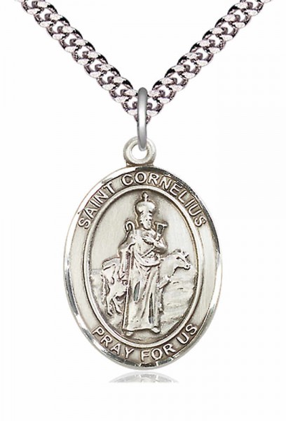 Men's Pewter Oval St. Cornelius Medal - 24&quot; 2.4mm Rhodium Plate Chain + Clasp