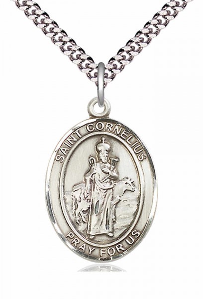 Men's Pewter Oval St. Cornelius Medal - 20&quot; Rhodium Plate Chain + Clasp