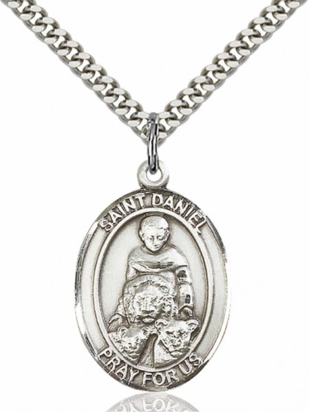 Men's Pewter Oval St. Daniel Medal - 20&quot; Rhodium Plate Chain + Clasp