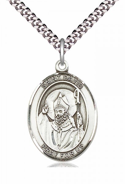 Men's Pewter Oval St. David of Wales Medal - 24&quot; 2.4mm Rhodium Plate Chain + Clasp