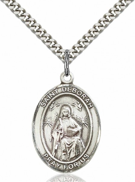 Men's Pewter Oval St. Deborah Medal - 24&quot; 2.4mm Rhodium Plate Chain + Clasp