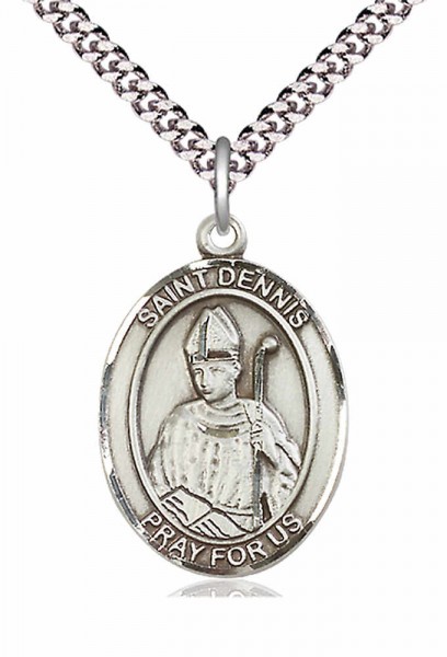 Men's Pewter Oval St. Dennis Medal - 24&quot; 2.4mm Rhodium Plate Chain + Clasp