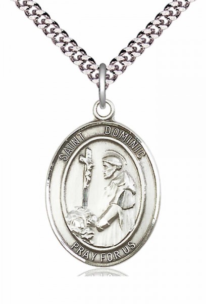 Men's Pewter Oval St. Dominic De Guzman Medal - 24&quot; 2.4mm Rhodium Plate Chain + Clasp