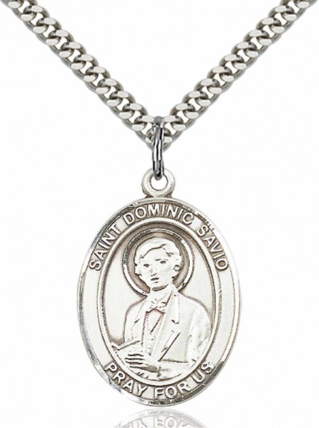 Men's Pewter Oval St. Dominic Savio Medal - 24&quot; 2.4mm Rhodium Plate Chain + Clasp