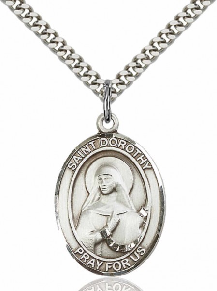 Men's Pewter Oval St. Dorothy Medal - 24&quot; 2.4mm Rhodium Plate Chain + Clasp