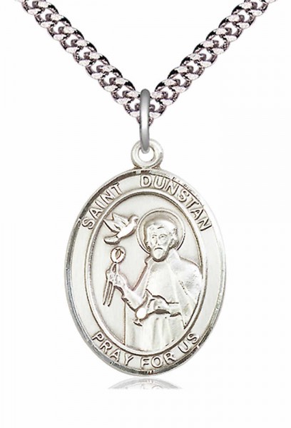 Men's Pewter Oval St. Dunstan Medal - 24&quot; 2.4mm Rhodium Plate Endless Chain