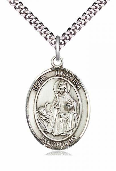 Men's Pewter Oval St. Dymphna Medal - 24&quot; 2.4mm Rhodium Plate Chain + Clasp