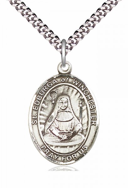 Men's Pewter Oval St. Edburga of Winchester Medal - 24&quot; 2.4mm Rhodium Plate Chain + Clasp