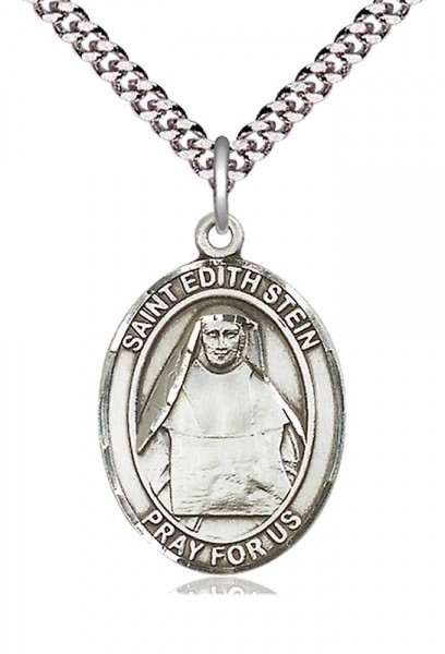 Men's Pewter Oval St. Edith Stein Medal - 24&quot; 2.4mm Rhodium Plate Chain + Clasp