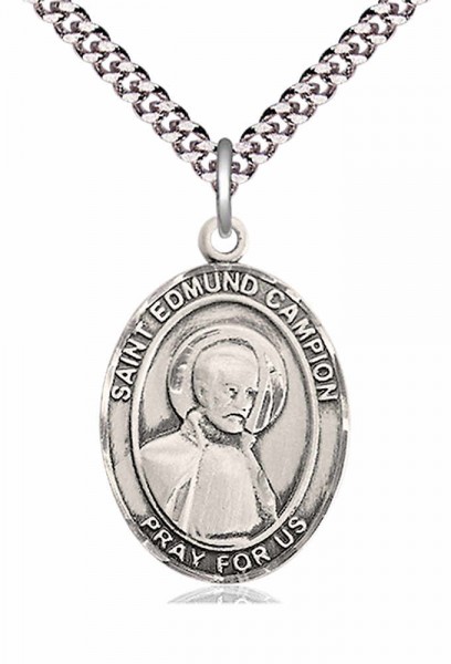 Men's Pewter Oval St. Edmund Campion Medal - 24&quot; 2.4mm Rhodium Plate Endless Chain