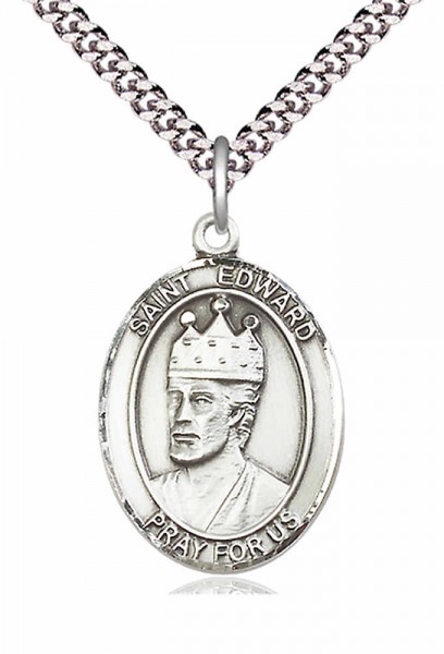 Men's Pewter Oval St. Edward the Confessor Medal - 24&quot; 2.4mm Rhodium Plate Chain + Clasp