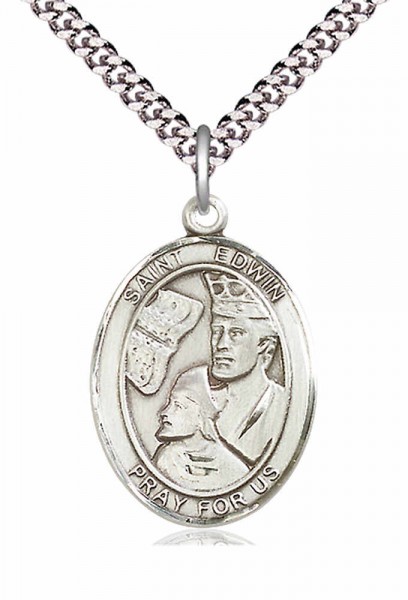 Men's Pewter Oval St. Edwin Medal - 24&quot; 2.4mm Rhodium Plate Endless Chain