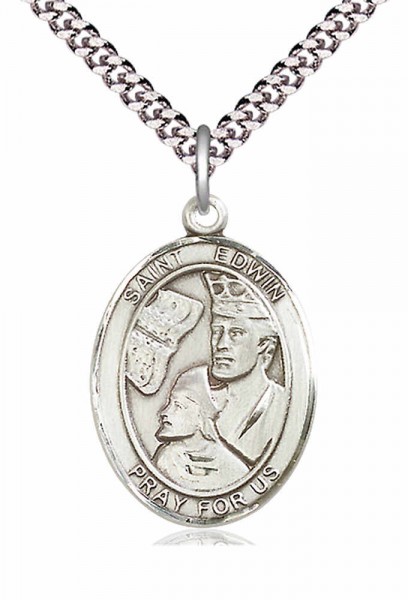 Men's Pewter Oval St. Edwin Medal - 20&quot; Rhodium Plate Chain + Clasp