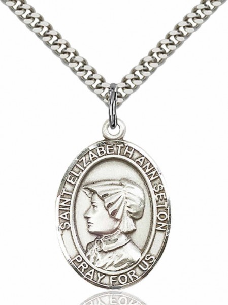 Men's Pewter Oval St. Elizabeth Ann Seton Medal - 24&quot; 2.4mm Rhodium Plate Chain + Clasp
