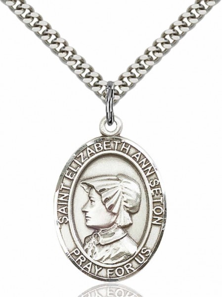 Men's Pewter Oval St. Elizabeth Ann Seton Medal - 24&quot; 2.4mm Rhodium Plate Endless Chain