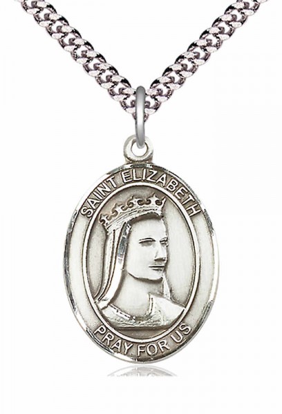 Men's Pewter Oval St. Elizabeth of Hungary Medal - 24&quot; 2.4mm Rhodium Plate Chain + Clasp