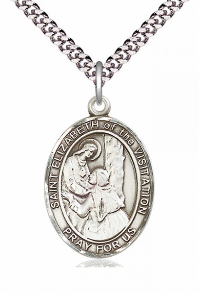 Men's Pewter Oval St. Elizabeth of the Visitation Medal - 24&quot; 2.4mm Rhodium Plate Chain + Clasp