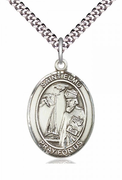 Men's Pewter Oval St. Elmo Medal - 24&quot; 2.4mm Rhodium Plate Chain + Clasp