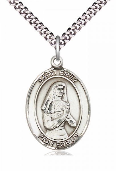 Men's Pewter Oval St. Emily De Vialar Medal - 24&quot; 2.4mm Rhodium Plate Chain + Clasp