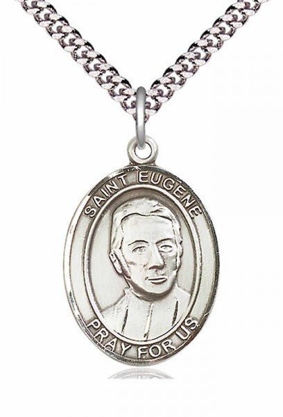 Men's Pewter Oval St. Eugene De Mazenod Medal - 24&quot; 2.4mm Rhodium Plate Chain + Clasp