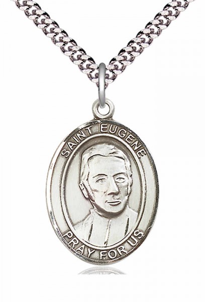 Men's Pewter Oval St. Eugene De Mazenod Medal - 24&quot; 2.4mm Rhodium Plate Endless Chain