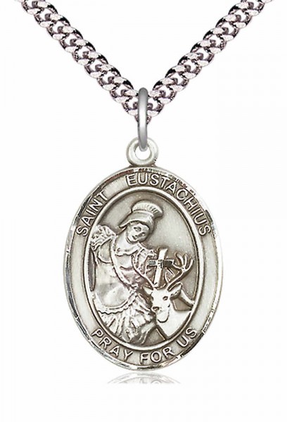 Men's Pewter Oval St. Eustachius Medal - 24&quot; 2.4mm Rhodium Plate Chain + Clasp