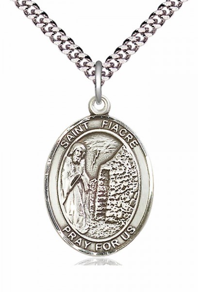 Men's Pewter Oval St. Fiacre Medal - 24&quot; 2.4mm Rhodium Plate Chain + Clasp