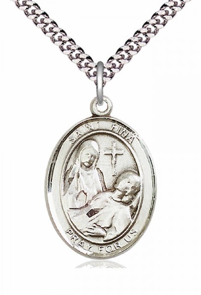 Men's Pewter Oval St. Fina Medal - 24&quot; 2.4mm Rhodium Plate Endless Chain
