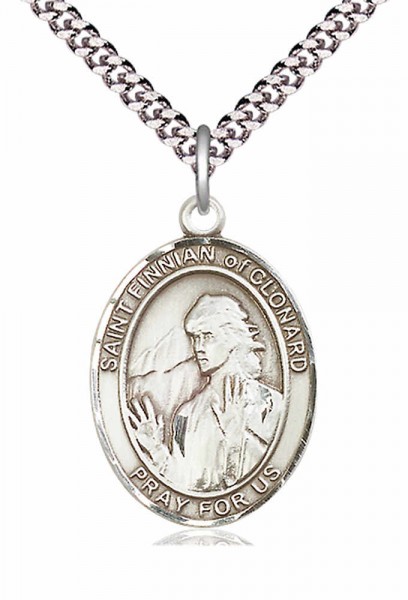 Men's Pewter Oval St. Finnian of Clonard Medal - 24&quot; 2.4mm Rhodium Plate Endless Chain
