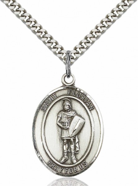 Men's Pewter Oval St. Florian Medal - 24&quot; 2.4mm Rhodium Plate Chain + Clasp