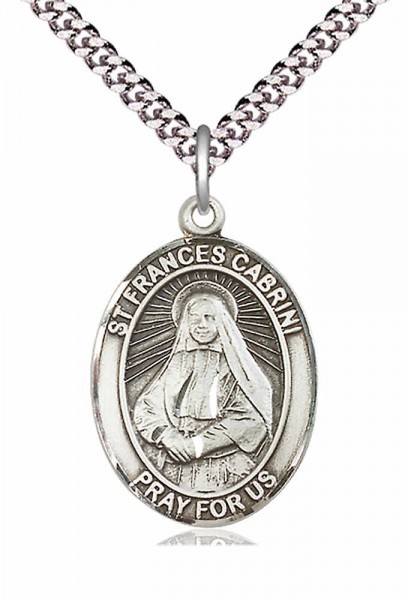 Men's Pewter Oval St. Frances Cabrini Medal - 24&quot; 2.4mm Rhodium Plate Chain + Clasp