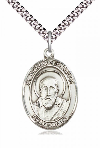Men's Pewter Oval St. Francis De Sales Medal - 24&quot; 2.4mm Rhodium Plate Chain + Clasp