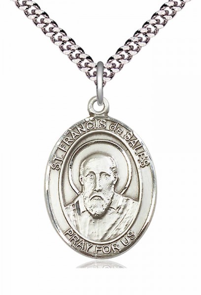 Men's Pewter Oval St. Francis De Sales Medal - 24&quot; 2.4mm Rhodium Plate Endless Chain