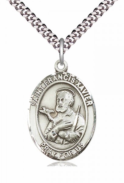 Men's Pewter Oval St. Francis Xavier Medal - 24&quot; 2.4mm Rhodium Plate Chain + Clasp