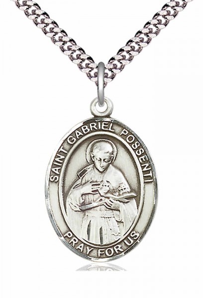 Men's Pewter Oval St. Gabriel Possenti Medal - 24&quot; 2.4mm Rhodium Plate Endless Chain