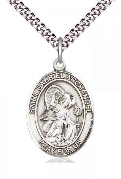 Men's Pewter Oval St. Gabriel the Archangel Medal - 24&quot; 2.4mm Rhodium Plate Chain + Clasp