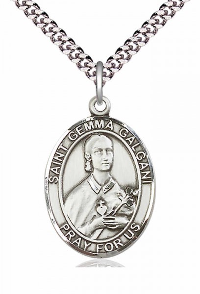 Men's Pewter Oval St. Gemma Galgani Medal - 24&quot; 2.4mm Rhodium Plate Chain + Clasp