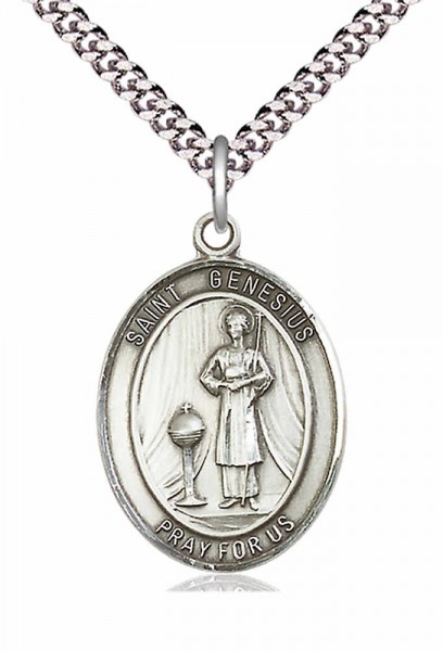 Men's Pewter Oval St. Genesius of Rome Medal - 24&quot; 2.4mm Rhodium Plate Chain + Clasp