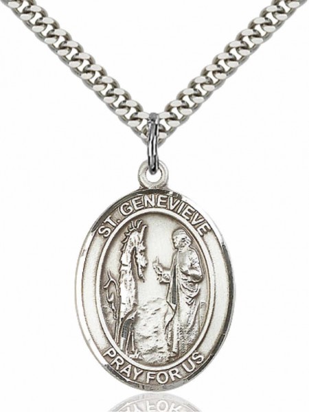 Men's Pewter Oval St. Genevieve Medal - 24&quot; 2.4mm Rhodium Plate Chain + Clasp