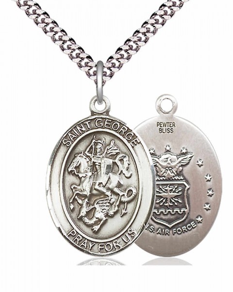 Men's Pewter Oval St. George Air Force Medal - 24&quot; 2.4mm Rhodium Plate Chain + Clasp