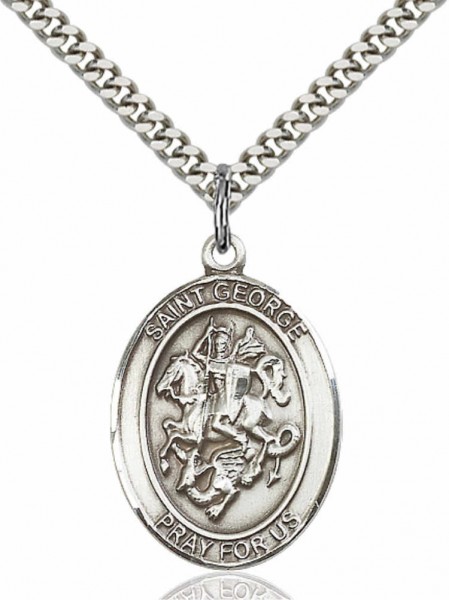 Men's Pewter Oval St. George Army Medal - 24&quot; 2.4mm Rhodium Plate Chain + Clasp