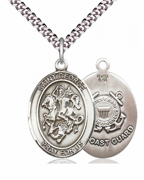 Men's Pewter Oval St. George Coast Guard Medal - 24&quot; 2.4mm Rhodium Plate Chain + Clasp