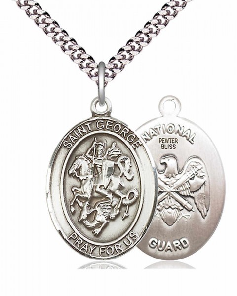 Men's Pewter Oval St. George National Guard Medal - 24&quot; 2.4mm Rhodium Plate Chain + Clasp