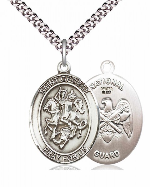 Men's Pewter Oval St. George National Guard Medal - 24&quot; 2.4mm Rhodium Plate Endless Chain