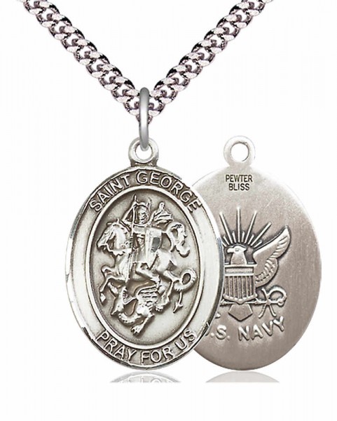 Men's Pewter Oval St. George Navy Medal - 24&quot; 2.4mm Rhodium Plate Endless Chain