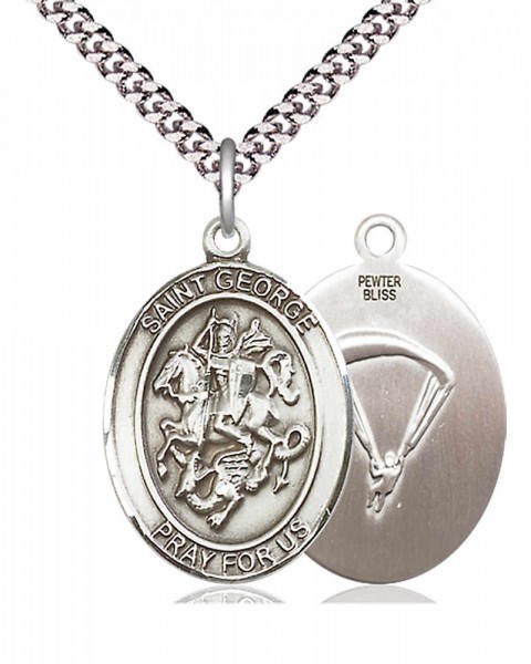 Men's Pewter Oval St. George Paratrooper Medal - 24&quot; 2.4mm Rhodium Plate Chain + Clasp