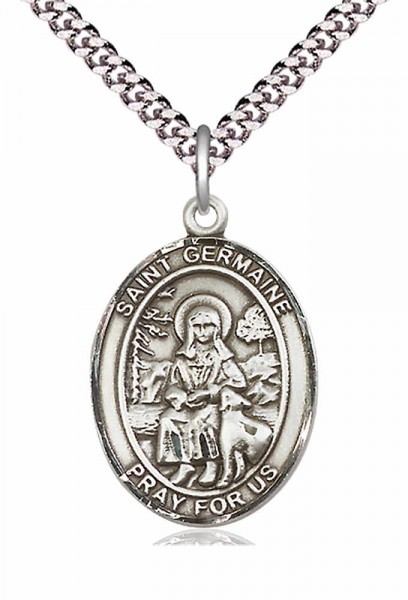 Men's Pewter Oval St. Germaine Cousin Medal - 20&quot; Rhodium Plate Chain + Clasp