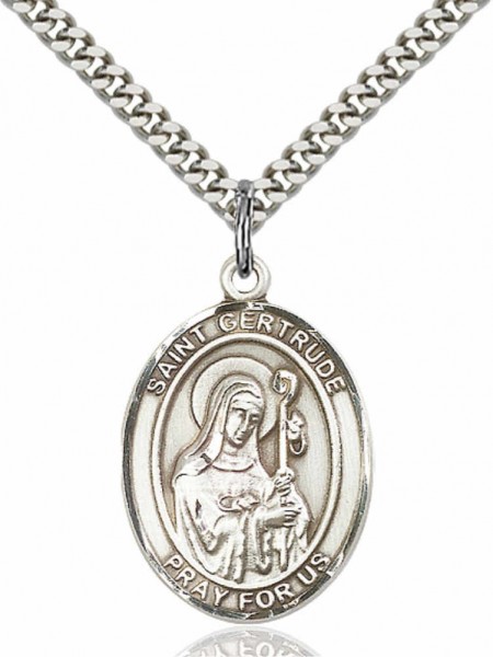 Men's Pewter Oval St. Gertrude of Nivelles Medal - 24&quot; 2.4mm Rhodium Plate Chain + Clasp